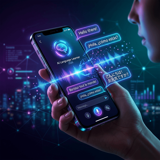 Best AI Language Learning Apps 2026 — smartphone with AI conversation interface